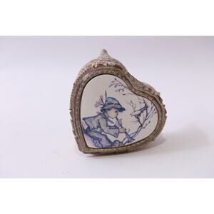 Hummel Style Vintage, Musical Trinket Box, Boy Playing Flute To Bird, Heart Sha
